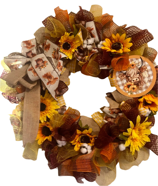 Sunflower Highland Cow Ribbon Wreath